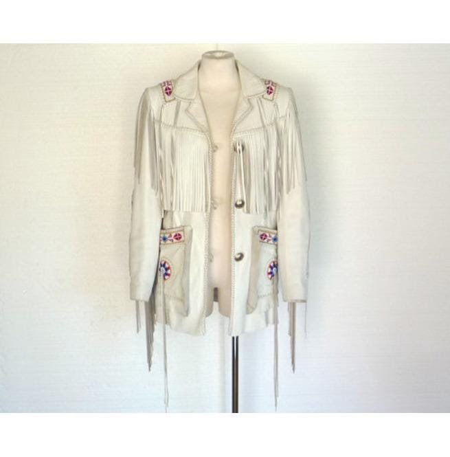 Men White Cowboy Genuine Leather Jacket ,Cowboy Leather Jacket With Fringes - Image 2
