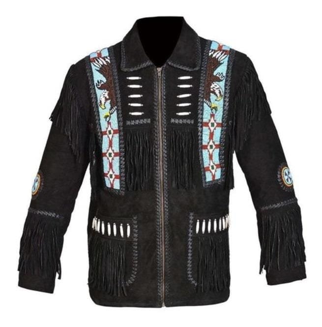Mens Cowboy Suede Leather Jacket Western Coat Fringes Beads American
