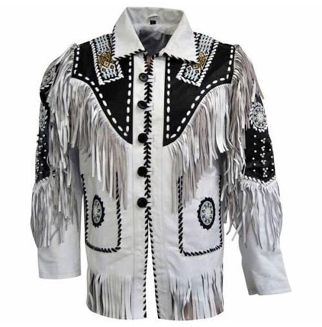 Mens Cowboy Suede Leather Jacket Western Coat Fringes Beads, Cowboy