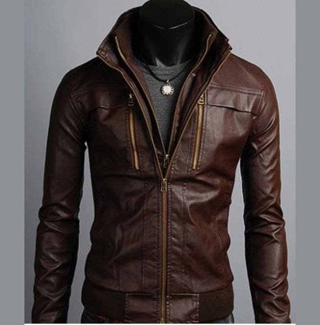 Men's Leather Jackets Korean Style Casual Slim Fit Biker Leather Jacket