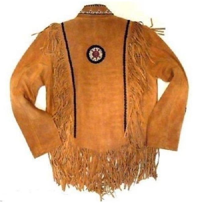 Mens Suede Leather Jacket Western Wear Cowboy Coat Fringe Bead, Bones Work - Image 2