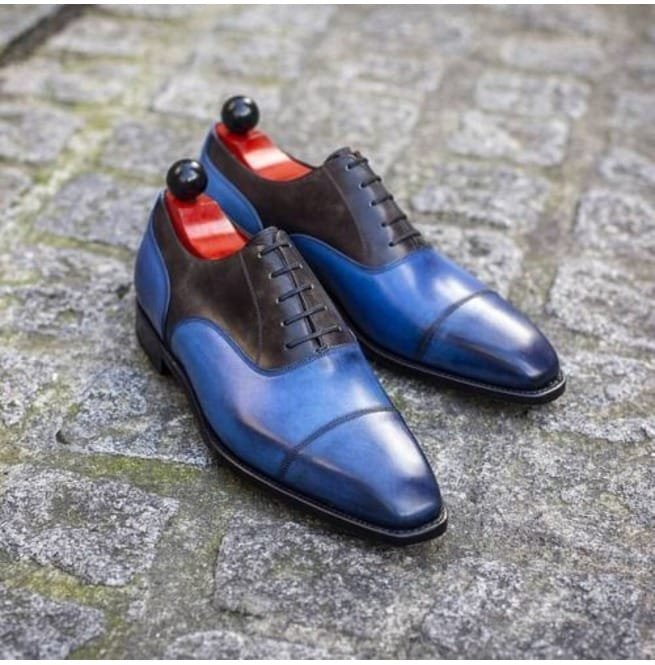 New Handmade Genuine Leather Blue Brown Oxford Lace Up Men's Shoes, Shoes