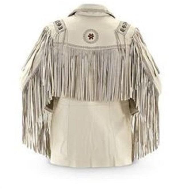 Western Men Cowboy Suede Jacket, White Suede Leather Jacket With Fringes - Image 2