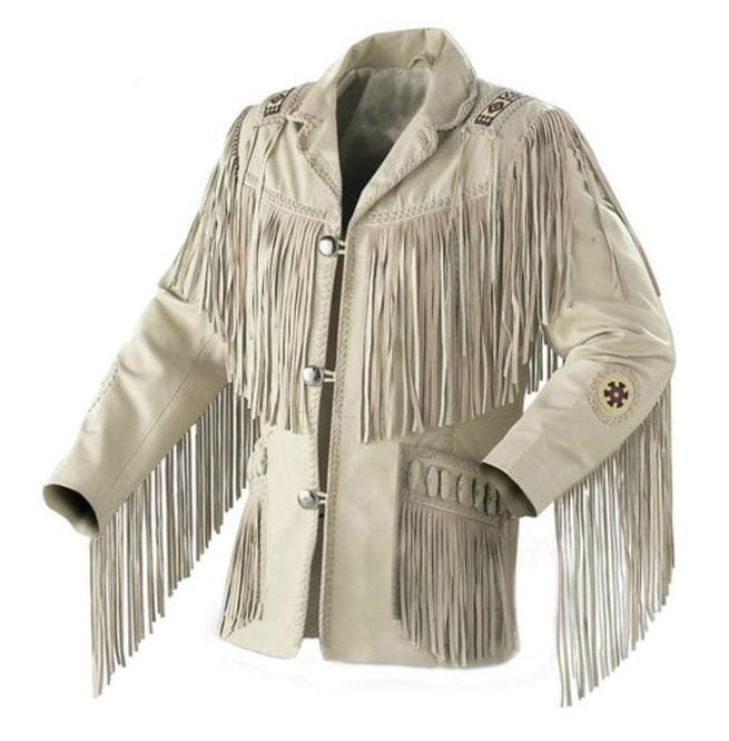 Western Men Cowboy Suede Jacket, White Suede Leather Jacket With Fringes