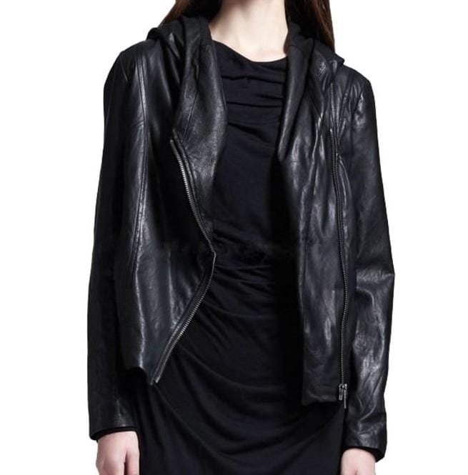Women Black Hooded Leather Jacket, Leather Jackets, Hoodies