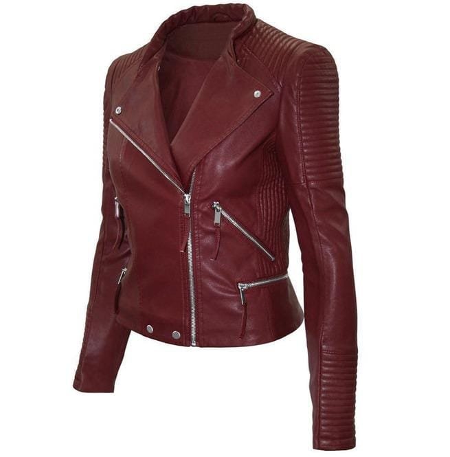Women Maroon Color Leather Jacket Biker Stylish Zipper Jacket - Image 2