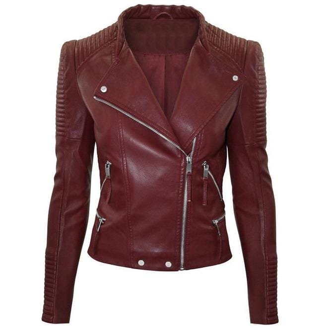 Women Maroon Color Leather Jacket Biker Stylish Zipper Jacket