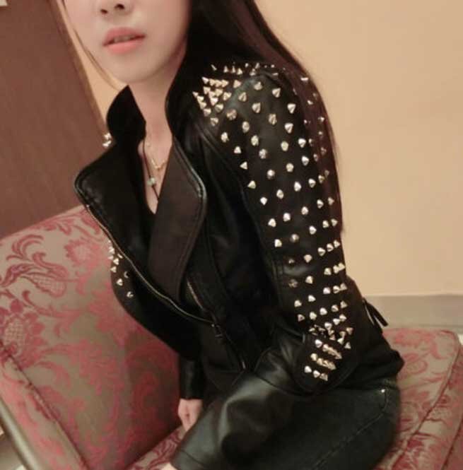 Women Punk Style Short Studded Leather Jacket, Motorcycle Jacket - Image 5