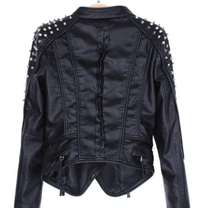 Women Punk Style Short Studded Leather Jacket, Motorcycle Jacket - Image 4