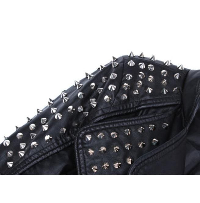 Women Punk Style Short Studded Leather Jacket, Motorcycle Jacket - Image 3