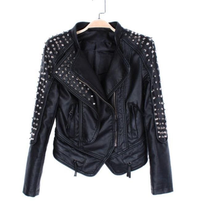 Women Punk Style Short Studded Leather Jacket, Motorcycle Jacket - Image 2