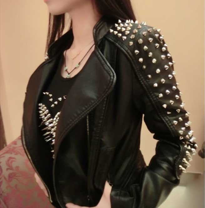Women Punk Style Short Studded Leather Jacket, Motorcycle Jacket