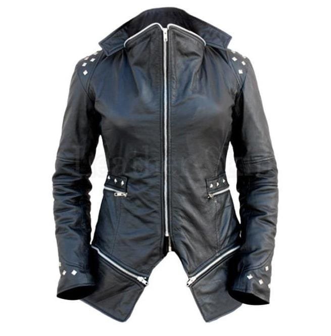 Women Punk Style Studded Shoulder Spikes Studs Genuine Leather Jacket
