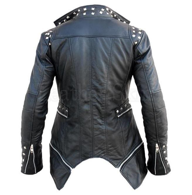 Women Punk Style Studded Shoulder Spikes Studs Genuine Leather Jacket - Image 2