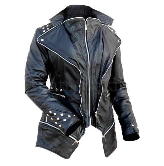 Women Punk Style Studded Shoulder Spikes Studs Genuine Leather Jacket - Image 3