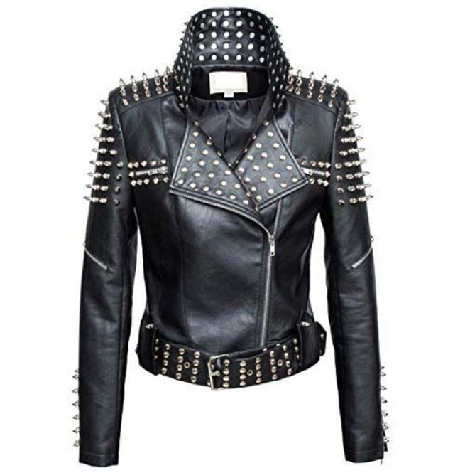 Women's Genuine Leather Studded Punk Style Cropped Jacket, Jackets